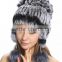 QD80237 Knit Rex Rabbit Fur Hat With Silver Fox Fur Crochet Flower Hot New Products for 2015