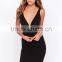 2016 new design plus size bodycon dress low cut deep V front black bodycon dress