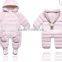Super quality Baby jumpsuits down jacket/ Kids winter warm out wear with hoods fur poms pom