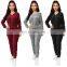 Hot sale wholesale solid color v neck tops and pants two piece set with zipper fall winter women's tracksuit
