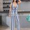 women sexy deep V stripe one piece jumpsuit with long pants