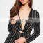 Black Striped Tie Front Shirt Ladies Jumpsuit