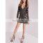 New lace long sleeve plunge bodycon dress black/nude