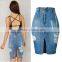 2016 Summer Fashion Women Tassel Fringe Vintage Blue Jean Skirts Ladies Zipper Slit Cotton High Waisted Pleated Midi Denim Skirt