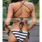 Domi Sexy Women Bandeau Handmade Crochet Bikini White & Black Stripe Swimwear