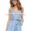 Woman fashion V neck tie waist halter backless sexy denim romper