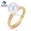 2016 Online Wholesale Drop Ship White Akoya Pearl Natural Saltwater Pearl Rings Jewelry Flexible 18K Gold With Zircon