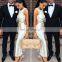 Amigo 2017 new design white sleeveless high slit heavy beaded sexy bandage dress maxi expensive evening dresses for women party