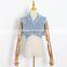 TWOTWINSTYLE Cross Hollow Out Denim Jacket For Women Lapel Sleeveless Casual Short Tops