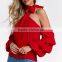 New Fashion Bow Decorated Long And Ruffle Sleeves Women One Shoulder Blouse
