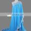 Fashion Blue One Shoulder Lace Hem Pearl Beads 2017 Plus Size Muslim Evening Dress