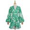 TWOTWINSTYLE Ruched Print Dress For Women V Neck Lantern Sleeve High Waist High Color Elegant
