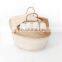 White Seagrass Belly Basket with white pom poms, Woven Seagrass Straw Wicker Storagee Basket Home Organization