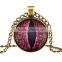 Vintage Jewelry Dragon Cat Eyes Glass Cabochon Round Pendant Chain Necklace