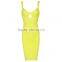 2015 new yellow hollow out sey deep V-neck elegant bodycon knitted knee-length celebrity party prom women luury bandage dress