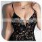 Ladies new model Deep v open back bodycon midi dress girls sexy black contrast lace night dress