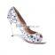 Stylish Open Toe Footwear Safety Metal Heels, Custom Low Heel Silver Crystal Wedding Shoes