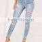 Fashion women blue high waisted brushed ripped skinny denim jeans with hole