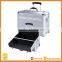OEM Pro Rolling Jewelry Makeup Case w, Aluminum Cosmetic Box,Silver Aluminum Makeup Artist train case,Beauty Travel trolley case