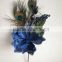 Christmas indoor decorations artificial velvet blue poppy flowers christmas pick with peacock feather
