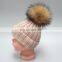 Child genuine fur bobble beanies winter raccoon real fur ball knit hat