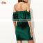 Pictures of Women Velvet Evening Dress Dark Green Off The Shoulder Ruffle Sleeve Velvet Dress With Neck Tie HSD7820