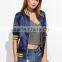 Women Custom Back Embroideried Zip Up Coat Striped Half Sleeve Satin Bomber Jacket Navy Blue