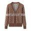 Custom Women's Loose Full Zip Floral Jacquard Lady Cashmere Sweater Casual Winter Style Knitted Top