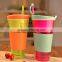 Factory Produce FDA BPA Free Snackeez Plastic 2 in 1 Kids Travel Snack Drink Cups With Straw