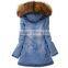 Top Design Women's Fur Hooded Denim Jacket Jeans Coat