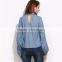 Clothes Women Blouse Long Sleeve 2017 Loose Shirt Blue Cutout Zip Up Knot Front Chambray Blouse