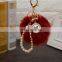 2021 Wholesale custom luxury fur ball key holder Pearl keychains pom pom bow keychain for women bag  good  quality