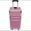 professional aluminum makeup suitcase wheeled pink beauty trolley case