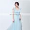 Selling Popular Tulle Custom Made V-line Sweep Train Poet A Line Zipper Backless Bow Party Evening Dresses