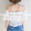Women fashion white off shoulder boat neck short sleeve lace top blouse