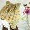 Hand made knitted winter rabbit fur hat cat ear cap for women winter