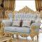 Luxury living furniture wood carving goldfoil light blue genuine leather sofa set