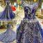 LS00282 blue sleeveless long train dresses evening appliques ball gown prom party girl dress
