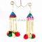 Pom pom jhumka earrings-Pom Pom Drop Earrings-Multicolor Chain pom pom earrings-BOHO Tribal Pom Pom Bell Earrings