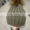 Knitted real raccoon fur pom pom beret hat