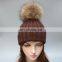 Wholesale latest UK style acrylic crochet hat with raccoon fur poms knit hat