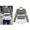Autumn latest design round neck ivory long sleeve chiffon stitching knitting striped printing t shirt design