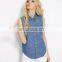 Chinese Clothing Manufacturers Classic Sleeveless Light Blue Front Pokcets Button Denim Jacket Shirt Summer Blouse for Women