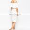 OEM China Factory Quality Elegant Off Shoulder Double Ruffle Midi Pure White Pencil Dress