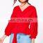 New Design Long Bell Sleeve Wrap Over Lady Top in Red
