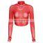 2020INS  women's new round neck long sleeve see through mesh stitching contrast color slim crop top T-shirt blouse