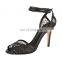 Women latest beautiful handmade plus size black glitter embellishment high heel peep toe ankle strap sandals shoes