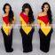 Hot selling women combo contrast panels colors extra longer off shoulder maxi jersey dresses