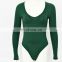 Wholesale women long sleeve Deep V neck ribbed cotton bodysuit jumpsuits for lady