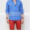 Men's Long Sleeve Blue Laid-back Holiday Linen Pull Over Henley Mandarine Shirt